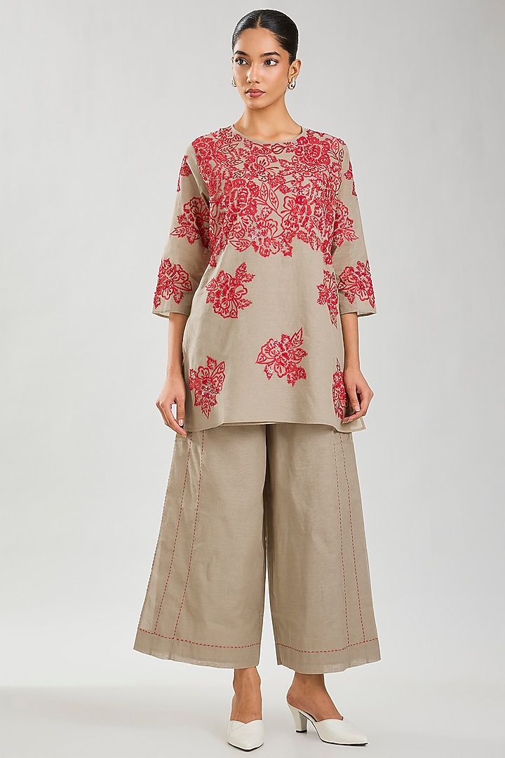 Natural & Crimson Handloom Cotton Thread Embroidered Top by Peachoo at Pernia's Pop Up Shop