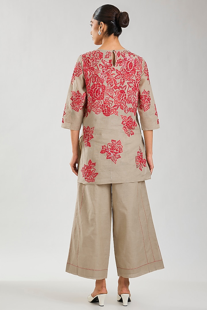 Natural & Crimson Handloom Cotton Thread Embroidered Top by Peachoo at Pernia's Pop Up Shop