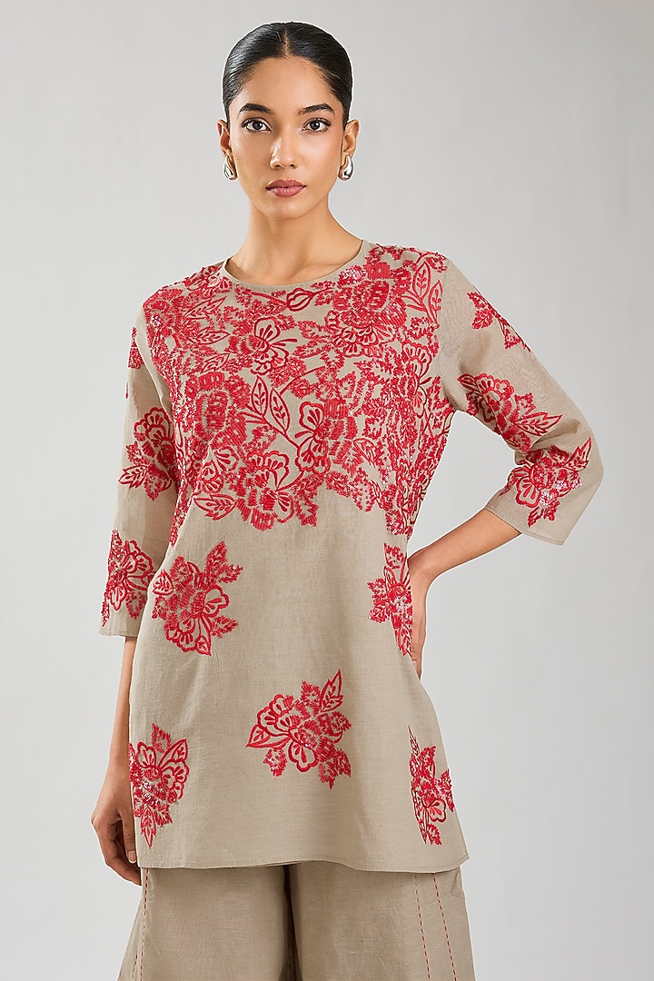 Natural & Crimson Handloom Cotton Thread Embroidered Top by Peachoo at Pernia's Pop Up Shop