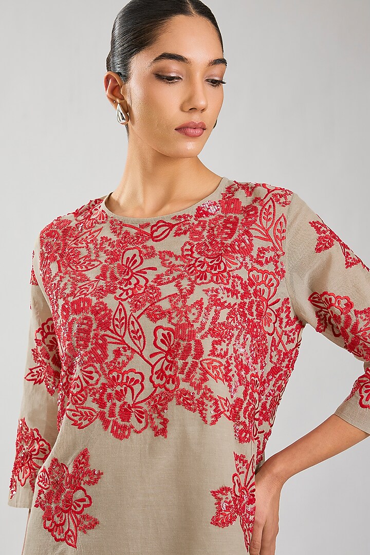 Natural & Crimson Handloom Cotton Thread Embroidered Top by Peachoo at Pernia's Pop Up Shop