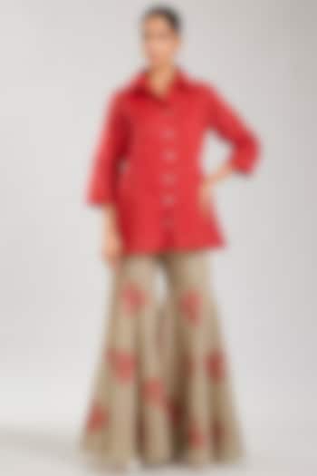 Natural & Crimson Handloom Cotton Thread Embroidered Sharara by Peachoo at Pernia's Pop Up Shop