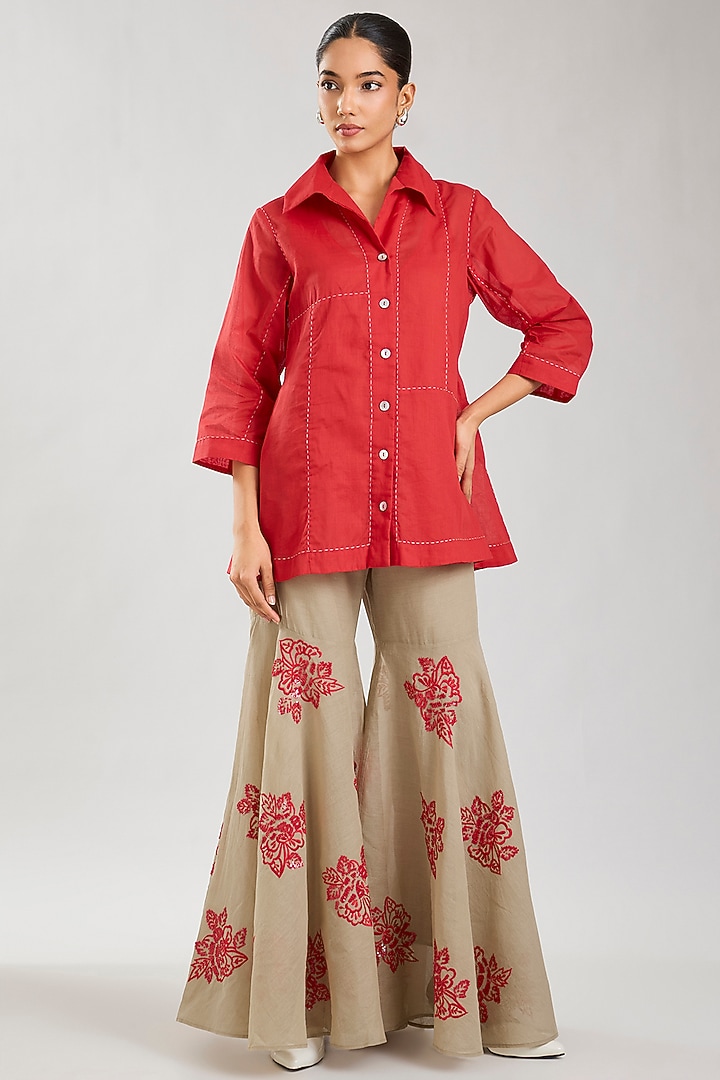 Natural & Crimson Handloom Cotton Thread Embroidered Sharara by Peachoo at Pernia's Pop Up Shop