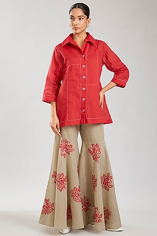 Natural & Crimson Handloom Cotton Thread Embroidered Sharara by Peachoo