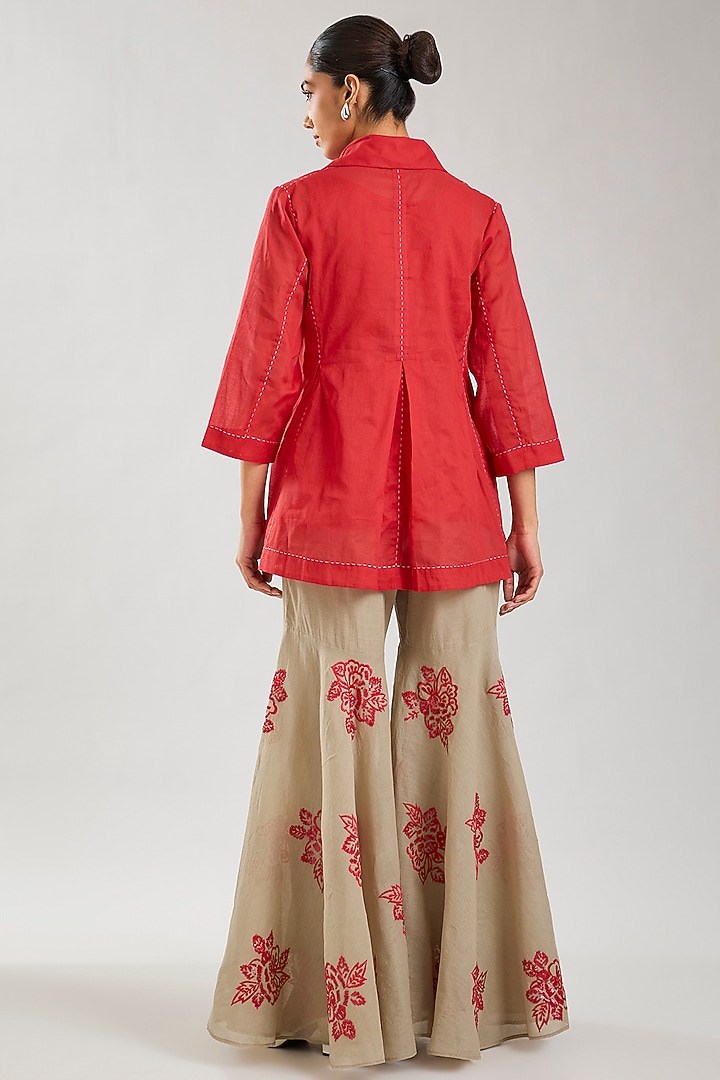Natural & Crimson Handloom Cotton Thread Embroidered Sharara by Peachoo at Pernia's Pop Up Shop