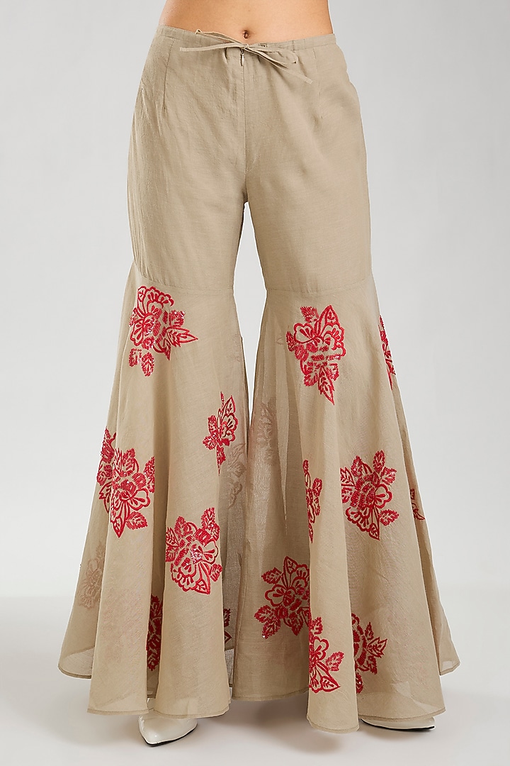 Natural & Crimson Handloom Cotton Thread Embroidered Sharara by Peachoo at Pernia's Pop Up Shop