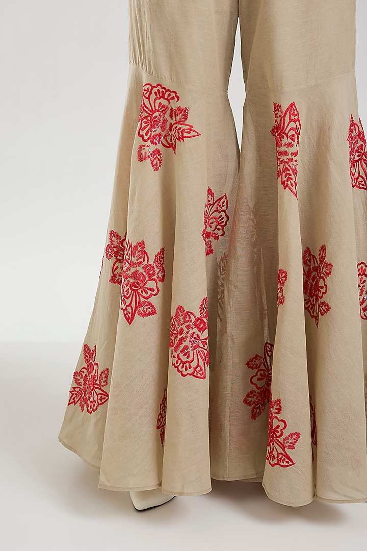 Natural & Crimson Handloom Cotton Thread Embroidered Sharara by Peachoo at Pernia's Pop Up Shop