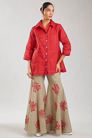 Crimson Handloom Cotton Kantha Work Jacket by Peachoo