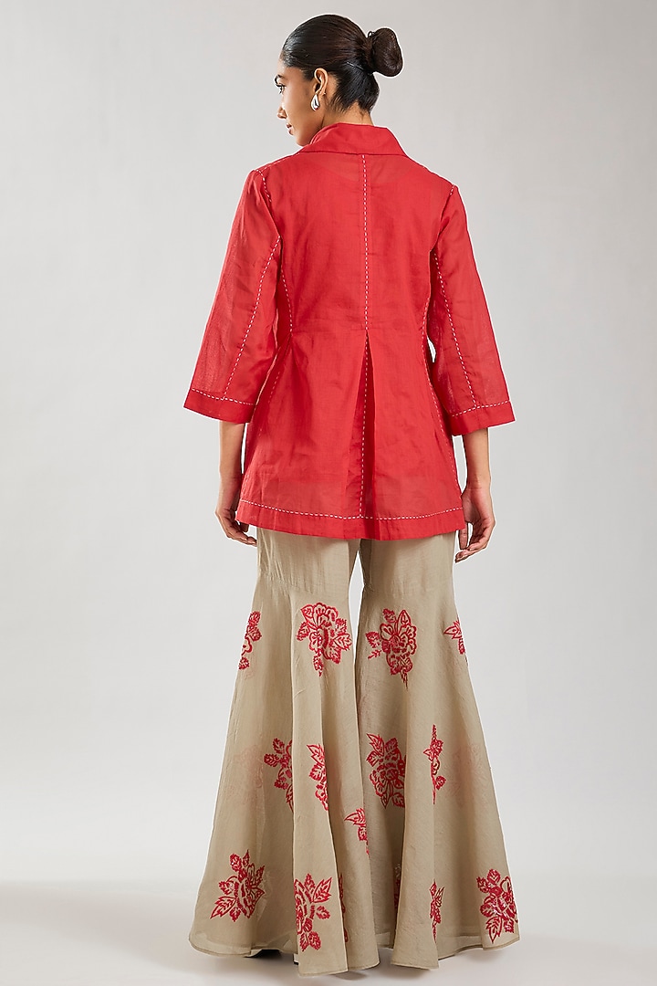 Crimson Handloom Cotton Kantha Work Jacket by Peachoo at Pernia's Pop Up Shop