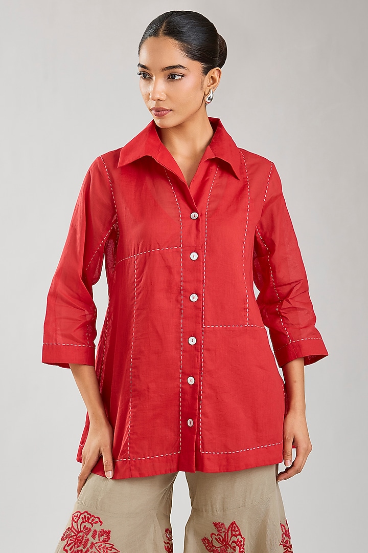 Crimson Handloom Cotton Kantha Work Jacket by Peachoo at Pernia's Pop Up Shop