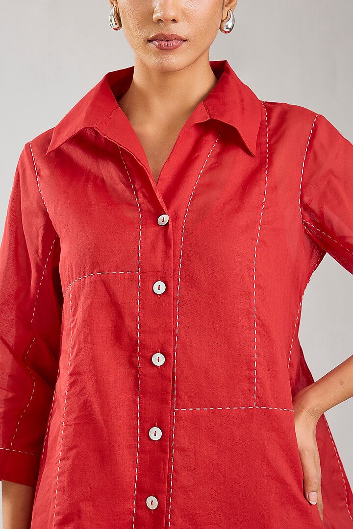 Crimson Handloom Cotton Kantha Work Jacket by Peachoo at Pernia's Pop Up Shop