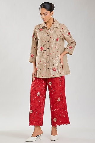 Crimson Handloom Cotton Cutwork Pants by Peachoo