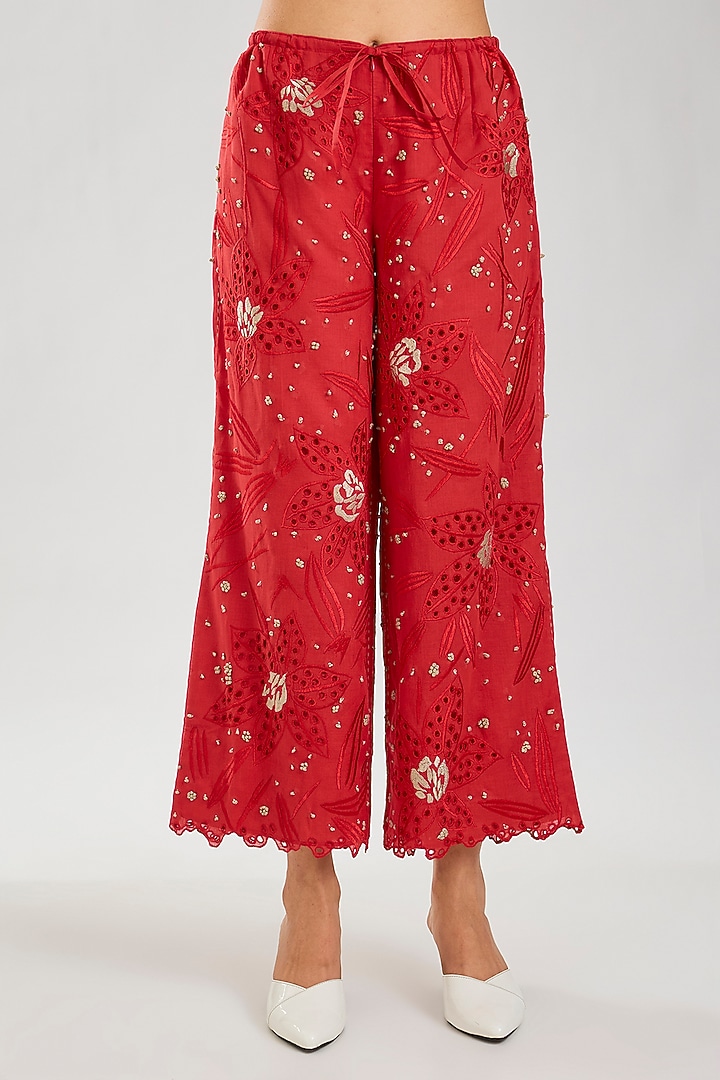 Crimson Handloom Cotton Cutwork Pants by Peachoo at Pernia's Pop Up Shop