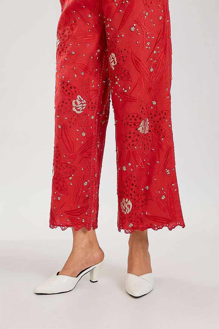 Crimson Handloom Cotton Cutwork Pants by Peachoo at Pernia's Pop Up Shop