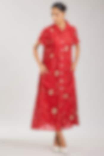 Crimson Handloom Cotton Cutwork Cocktail Dress by Peachoo at Pernia's Pop Up Shop