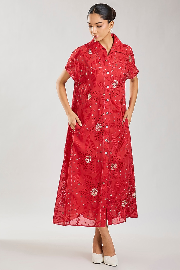 Crimson Handloom Cotton Cutwork Cocktail Dress by Peachoo at Pernia's Pop Up Shop