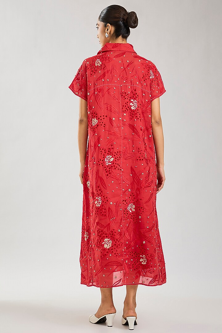 Crimson Handloom Cotton Cutwork Cocktail Dress by Peachoo at Pernia's Pop Up Shop