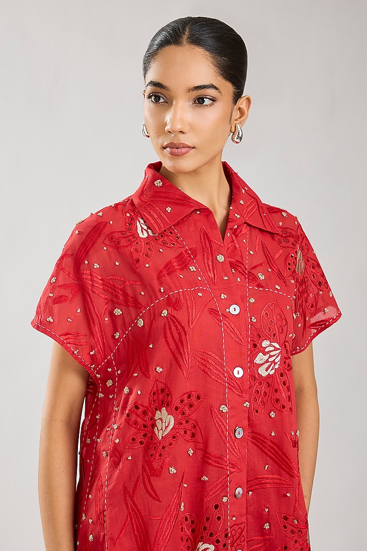 Crimson Handloom Cotton Cutwork Cocktail Dress by Peachoo at Pernia's Pop Up Shop