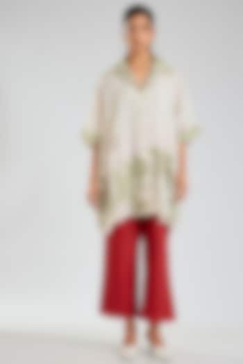 Ecru & Green Handloom Cotton Embroidered Tunic by Peachoo at Pernia's Pop Up Shop