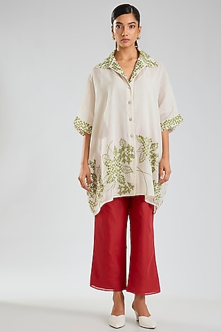 Ecru & Green Handloom Cotton Embroidered Tunic by Peachoo
