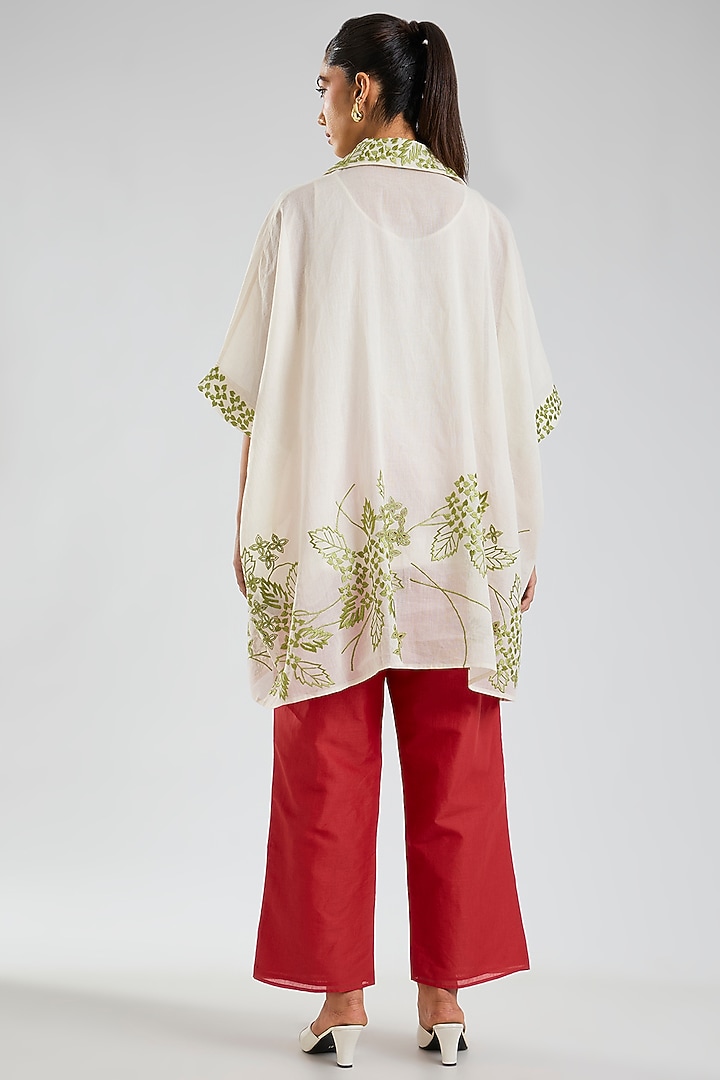 Ecru & Green Handloom Cotton Embroidered Tunic by Peachoo at Pernia's Pop Up Shop