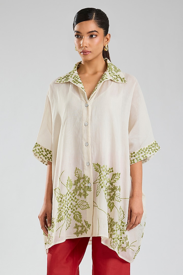 Ecru & Green Handloom Cotton Embroidered Tunic by Peachoo at Pernia's Pop Up Shop