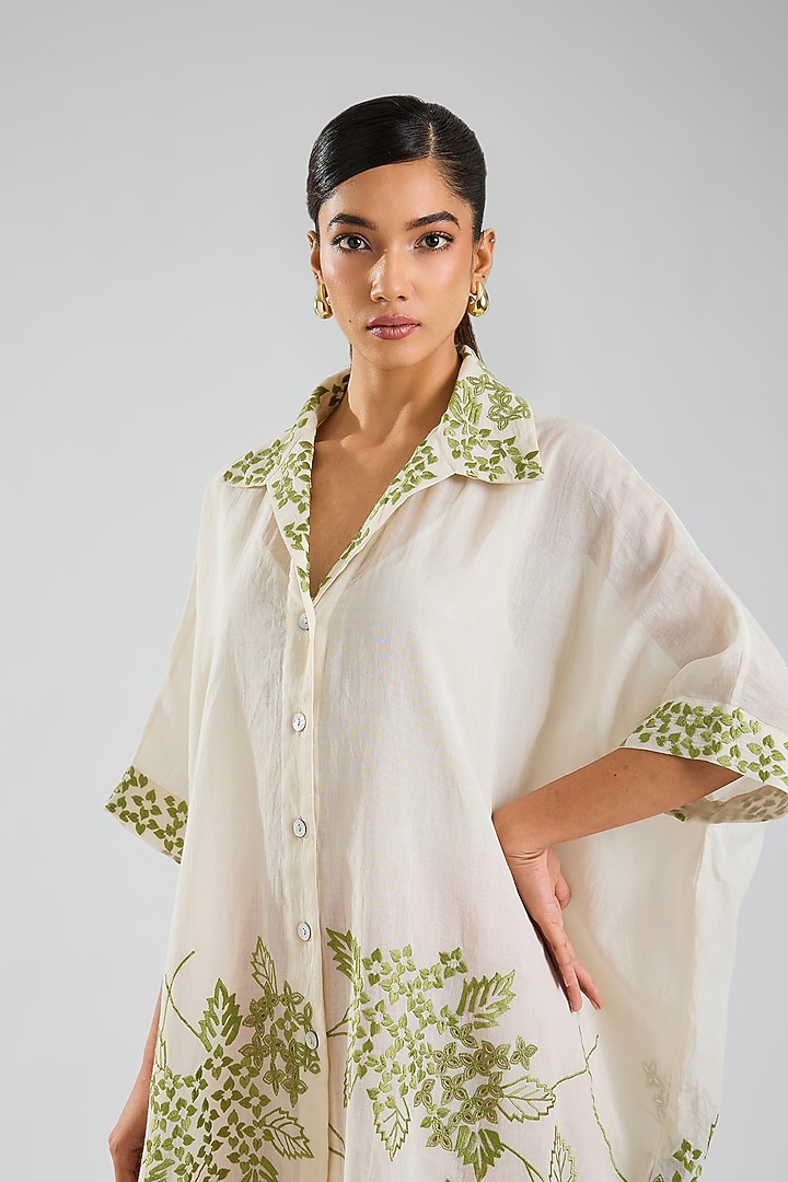 Ecru & Green Handloom Cotton Embroidered Tunic by Peachoo at Pernia's Pop Up Shop