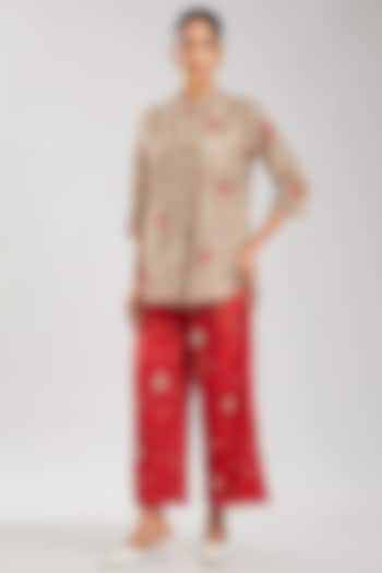 Natural & Crimson Handloom Cotton Cutwork Top by Peachoo at Pernia's Pop Up Shop