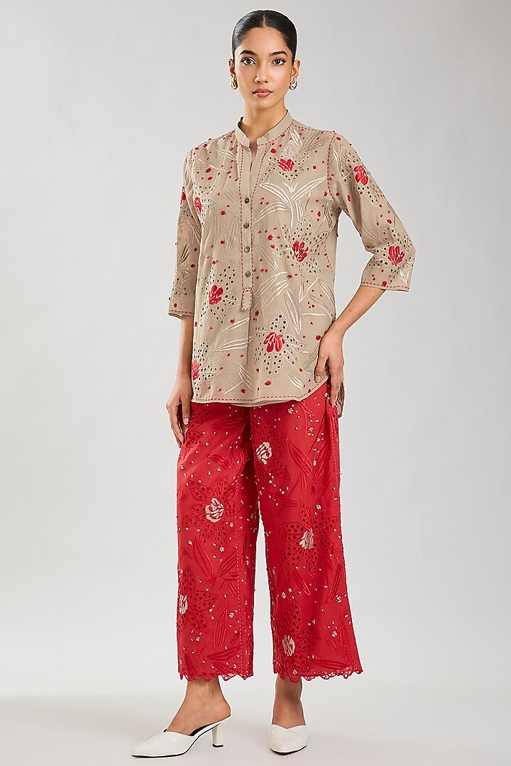 Natural & Crimson Handloom Cotton Cutwork Top by Peachoo at Pernia's Pop Up Shop