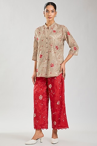 Natural & Crimson Handloom Cotton Cutwork Top by Peachoo