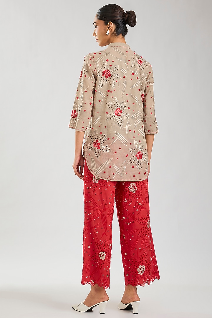 Natural & Crimson Handloom Cotton Cutwork Top by Peachoo at Pernia's Pop Up Shop