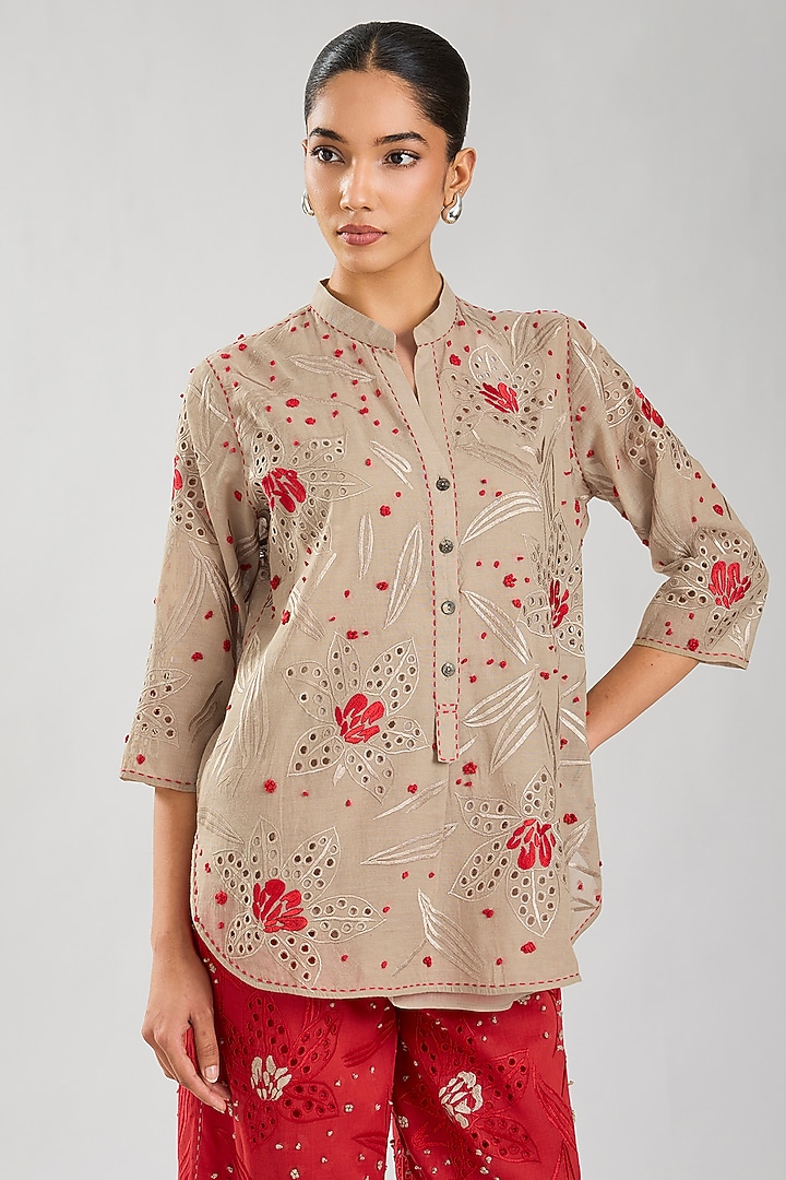 Natural & Crimson Handloom Cotton Cutwork Top by Peachoo at Pernia's Pop Up Shop