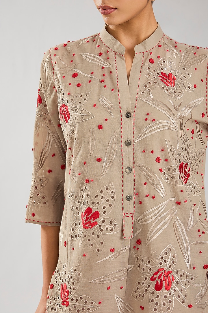 Natural & Crimson Handloom Cotton Cutwork Top by Peachoo at Pernia's Pop Up Shop
