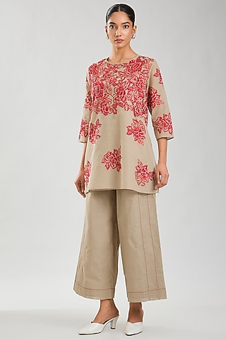 Natural Handloom Cotton Kantha Work Pants by Peachoo