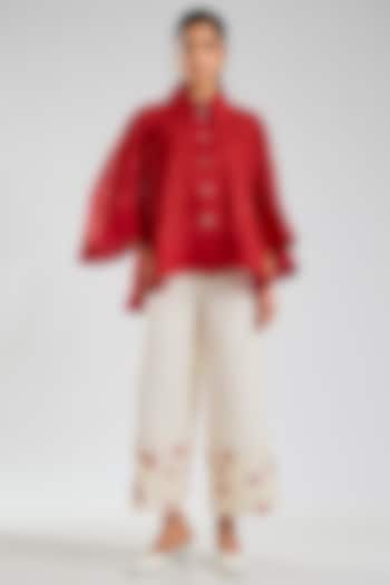 Crimson Handloom Cotton Embroidered Jacket by Peachoo at Pernia's Pop Up Shop