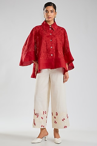Crimson Handloom Cotton Embroidered Jacket by Peachoo