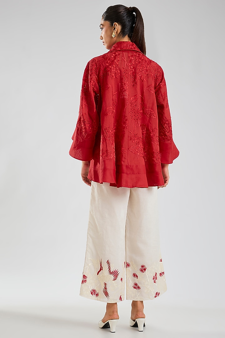 Crimson Handloom Cotton Embroidered Jacket by Peachoo at Pernia's Pop Up Shop