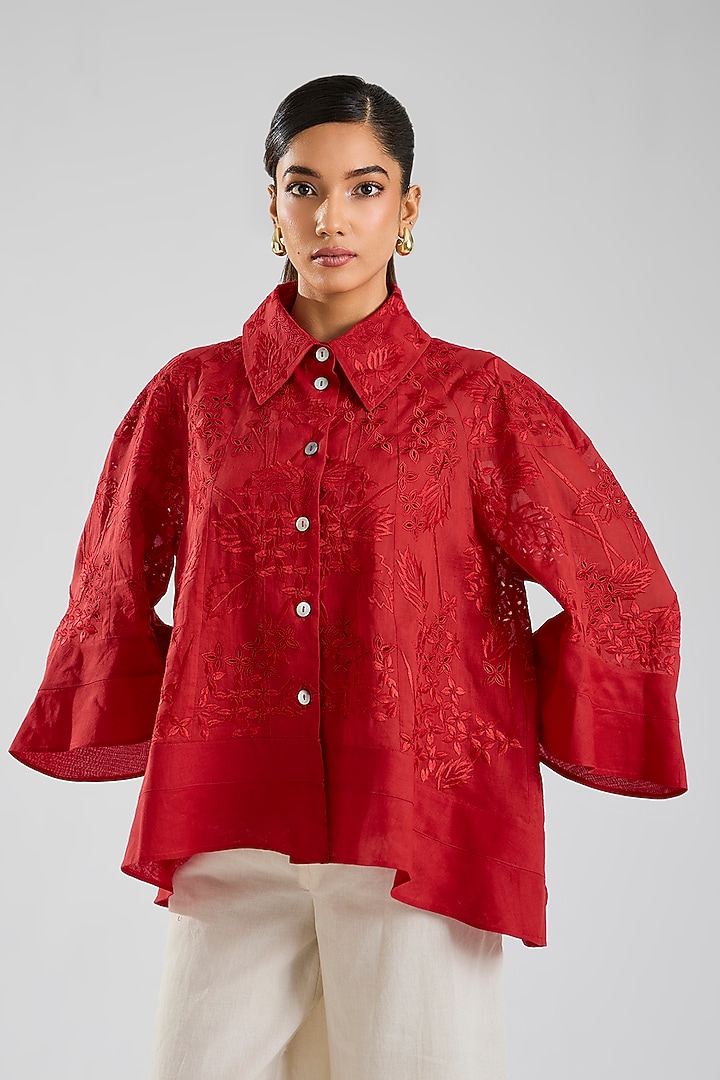 Crimson Handloom Cotton Embroidered Jacket by Peachoo at Pernia's Pop Up Shop
