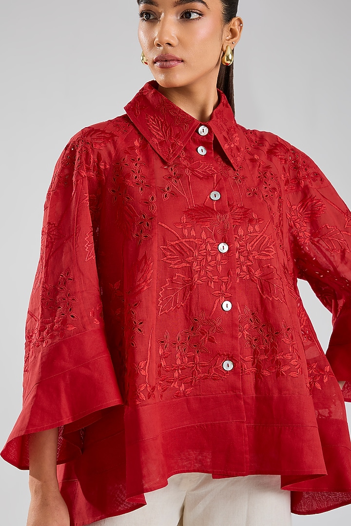 Crimson Handloom Cotton Embroidered Jacket by Peachoo at Pernia's Pop Up Shop