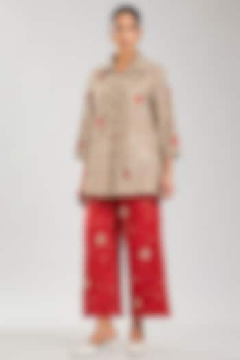 Natural & Crimson Handloom Cotton Cutwork Jacket by Peachoo at Pernia's Pop Up Shop