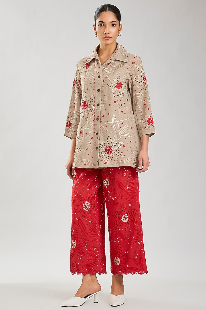 Natural & Crimson Handloom Cotton Cutwork Jacket by Peachoo at Pernia's Pop Up Shop