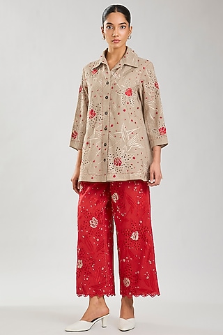 Natural & Crimson Handloom Cotton Cutwork Jacket by Peachoo