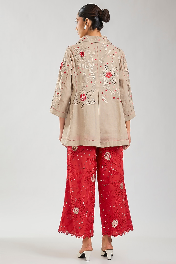 Natural & Crimson Handloom Cotton Cutwork Jacket by Peachoo at Pernia's Pop Up Shop