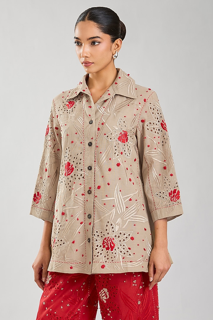 Natural & Crimson Handloom Cotton Cutwork Jacket by Peachoo at Pernia's Pop Up Shop