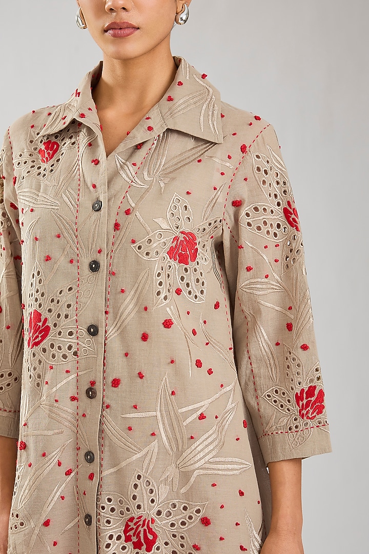 Natural & Crimson Handloom Cotton Cutwork Jacket by Peachoo at Pernia's Pop Up Shop