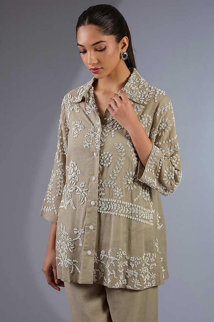 Ecru Handloom Cotton Patch Work Beaded Jacket by Peachoo at Pernia's Pop Up Shop