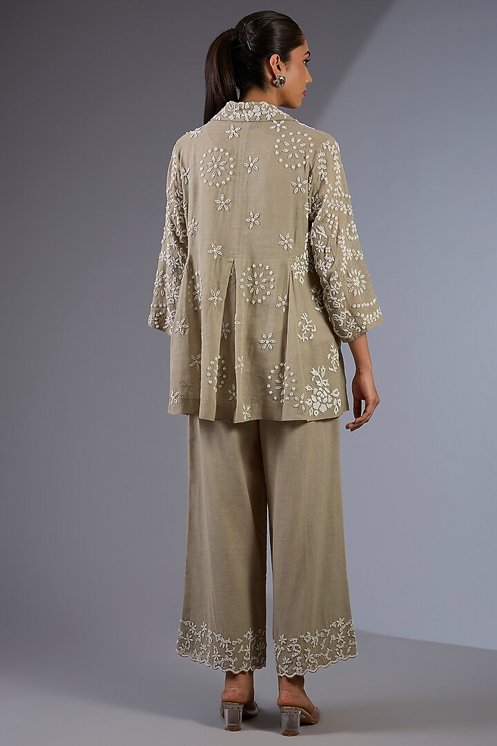 Ecru Handloom Cotton Patch Work Beaded Jacket by Peachoo at Pernia's Pop Up Shop