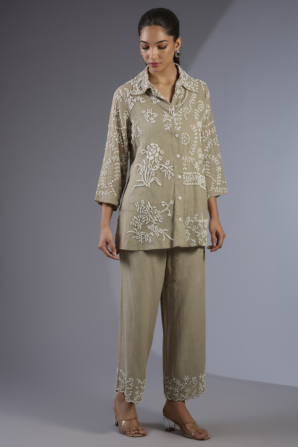 Ecru Handloom Cotton Patch Work Beaded Jacket by Peachoo at Pernia's Pop Up Shop