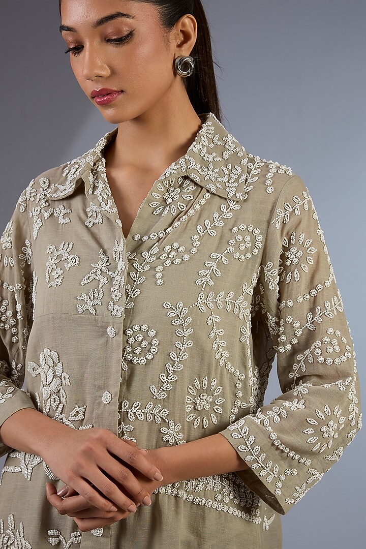 Ecru Handloom Cotton Patch Work Beaded Jacket by Peachoo at Pernia's Pop Up Shop