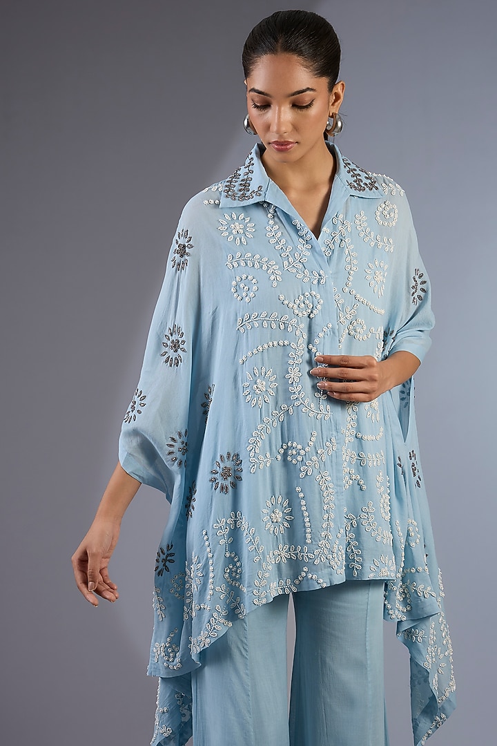Ice Blue & Ecru Cotton Beaded Cape by Peachoo at Pernia's Pop Up Shop