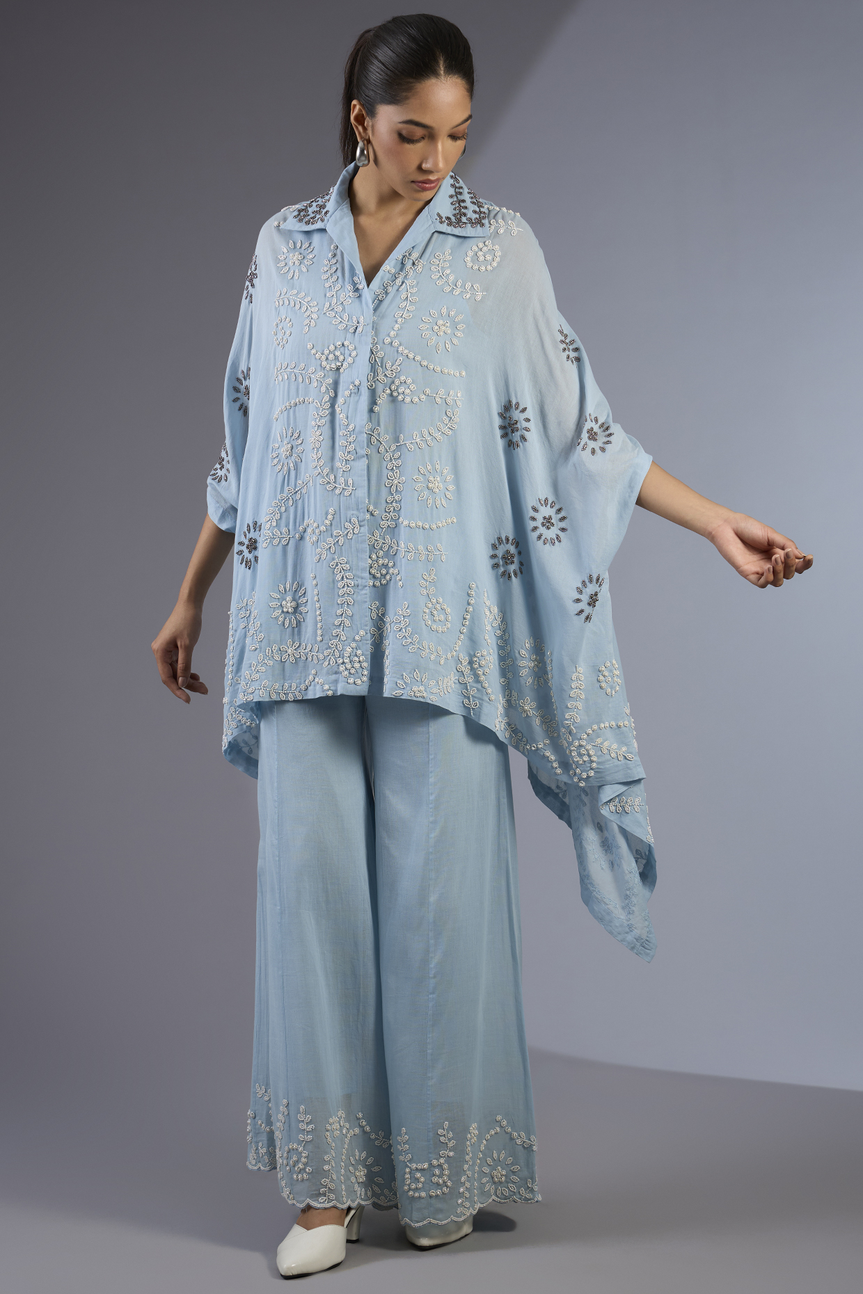 Ice Blue & Ecru Cotton Beaded Cape by Peachoo at Pernia's Pop Up Shop